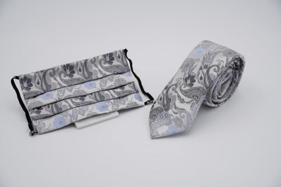 Bild von Krawatten-Masken-Set 'Grey and Ice Blue Park of Versaille' aus jeweils 100% Seide & 100% Baumwolle