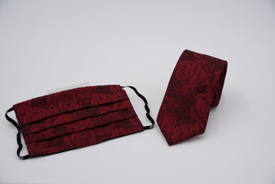 Bild von Krawatten-Masken-Set 'Bordeaux Rose Bouquet' aus jeweils 100% Seide & 100% Baumwolle