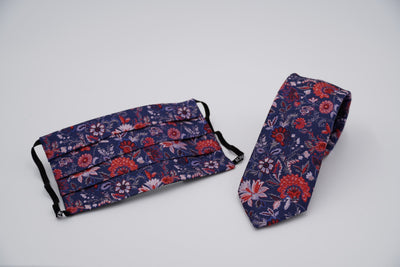 Bild von Krawatten-Masken-Set 'Blue and Red Geobotany' aus jeweils 100% Seide & 100% Baumwolle