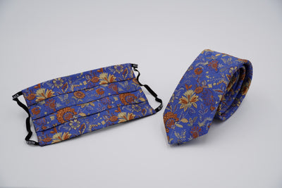Bild von Krawatten-Masken-Set 'Blue and Orange Geobotany' aus jeweils 100% Seide & 100% Baumwolle