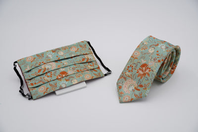 Bild von Krawatten-Masken-Set 'Mint and Orange Geobotany' aus jeweils 100% Seide & 100% Baumwolle
