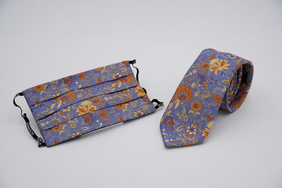 Bild von Krawatten-Masken-Set 'Light Blue and Orange Geobotany' aus jeweils 100% Seide & 100% Baumwolle