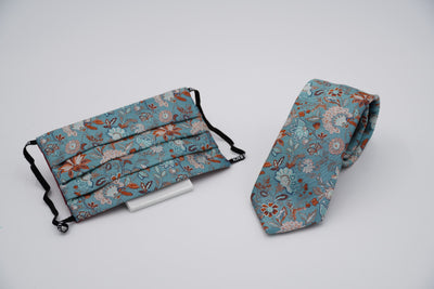 Bild von Krawatten-Masken-Set 'Light Turquoise and Orange Geobotany' aus jeweils 100% Seide & 100% Baumwolle