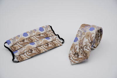 Bild von Krawatten-Masken-Set 'Brown and Blue Park of Versaille' aus jeweils 100% Seide & 100% Baumwolle